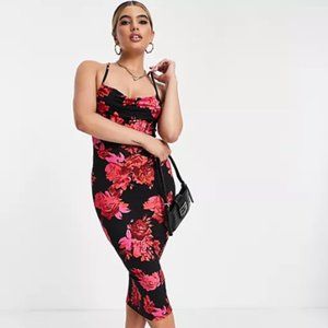 NWOT ASOS Bodycon Black Dress with Cowl Neck and Dreamy Floral Accents 🥀